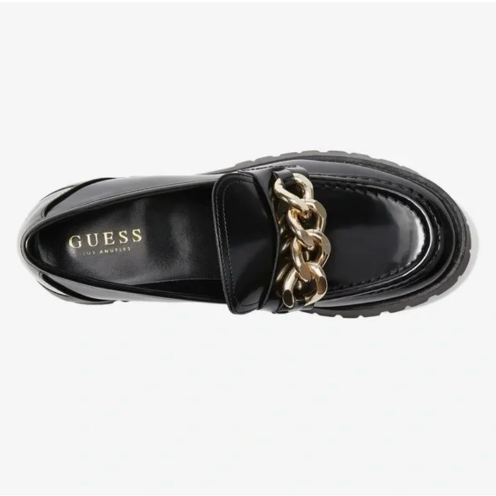 Guess Womens Hillford Chunky Black Patent Leather Gold chain Loafers Sz 9